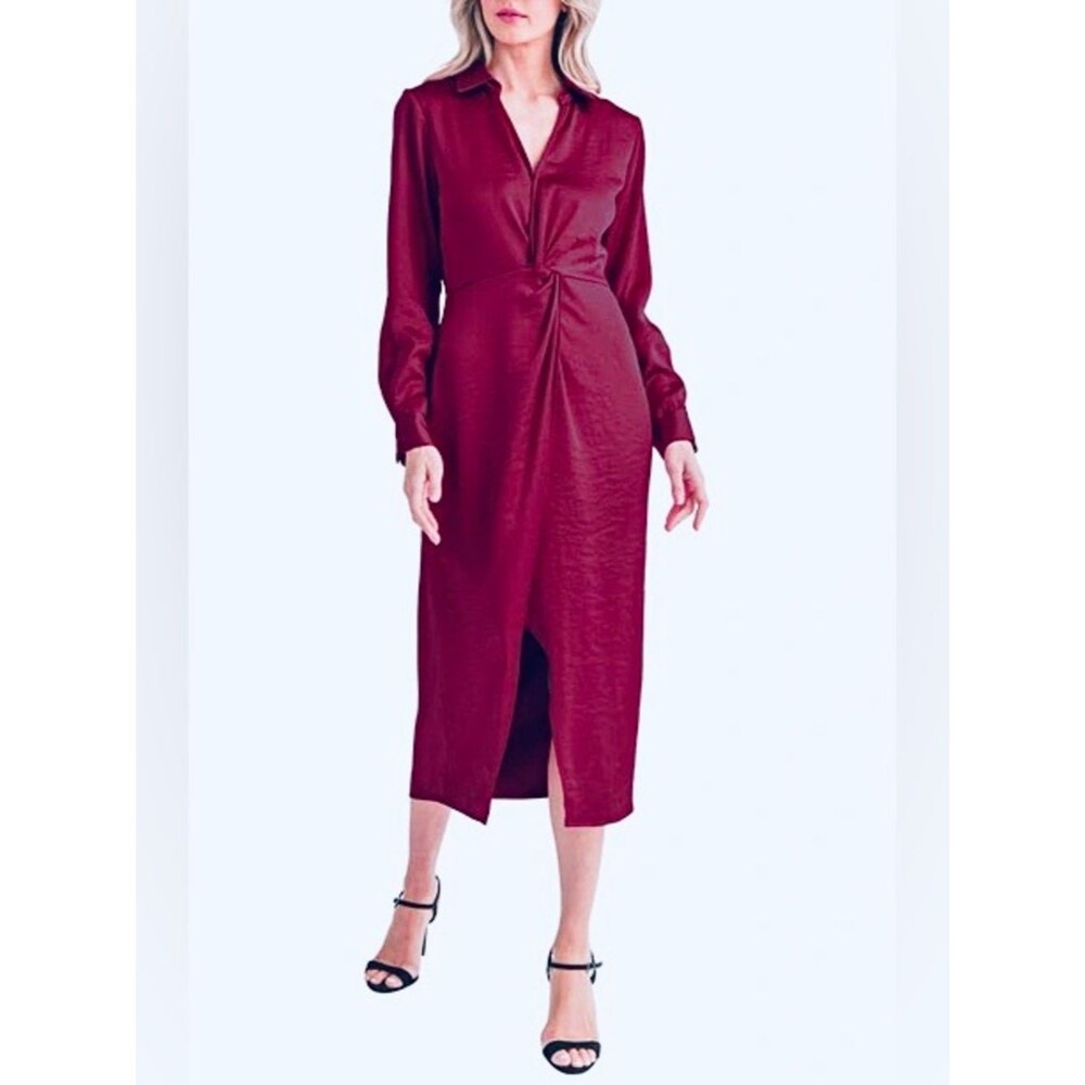Mila Mae Twist Front Long Sleeve Satin Midi Shirtdress in Wine M - Picture 1 of 12